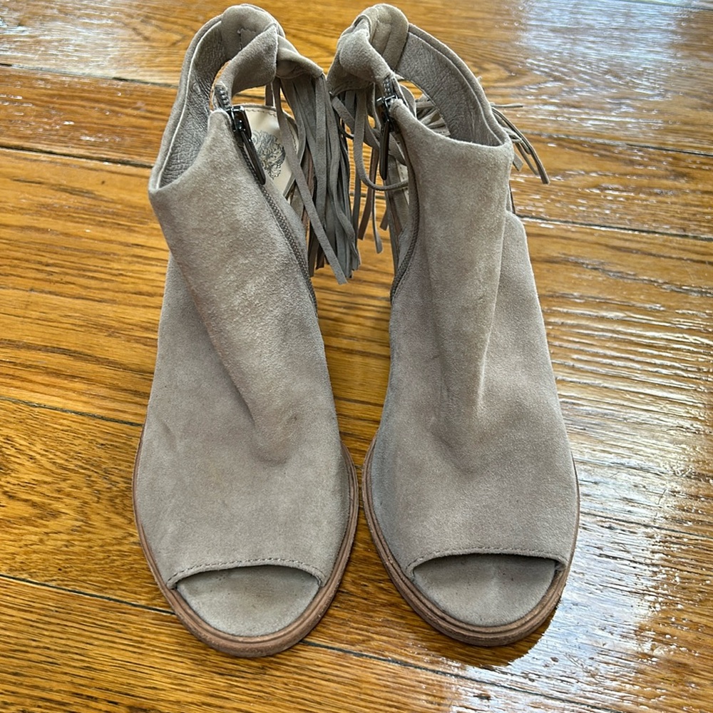 Vince Camuto Kyleena style fringe booties.  Zip side. Clunky 4” heel. Size 7.5
